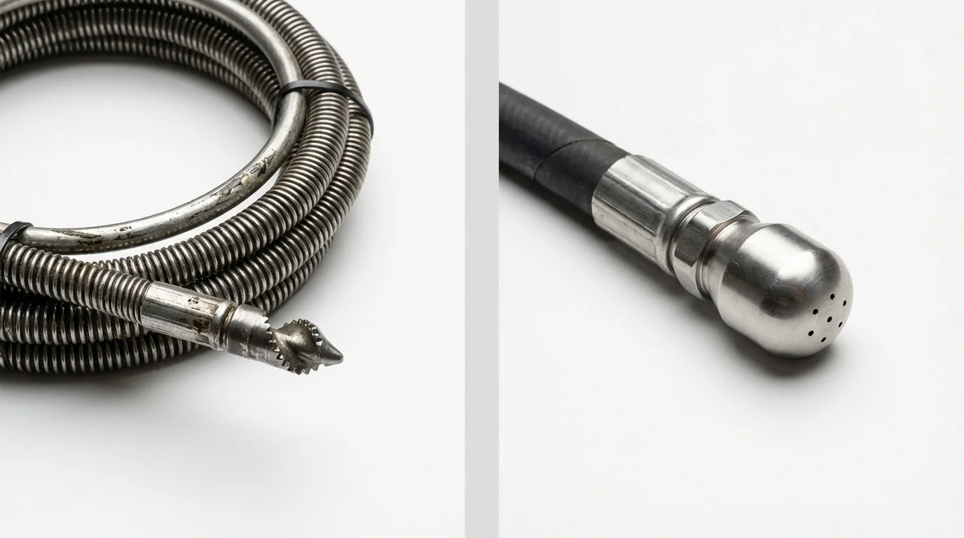 Drain snake cable and hydro jetting nozzle used for drain cleaning in Gladstone, MI