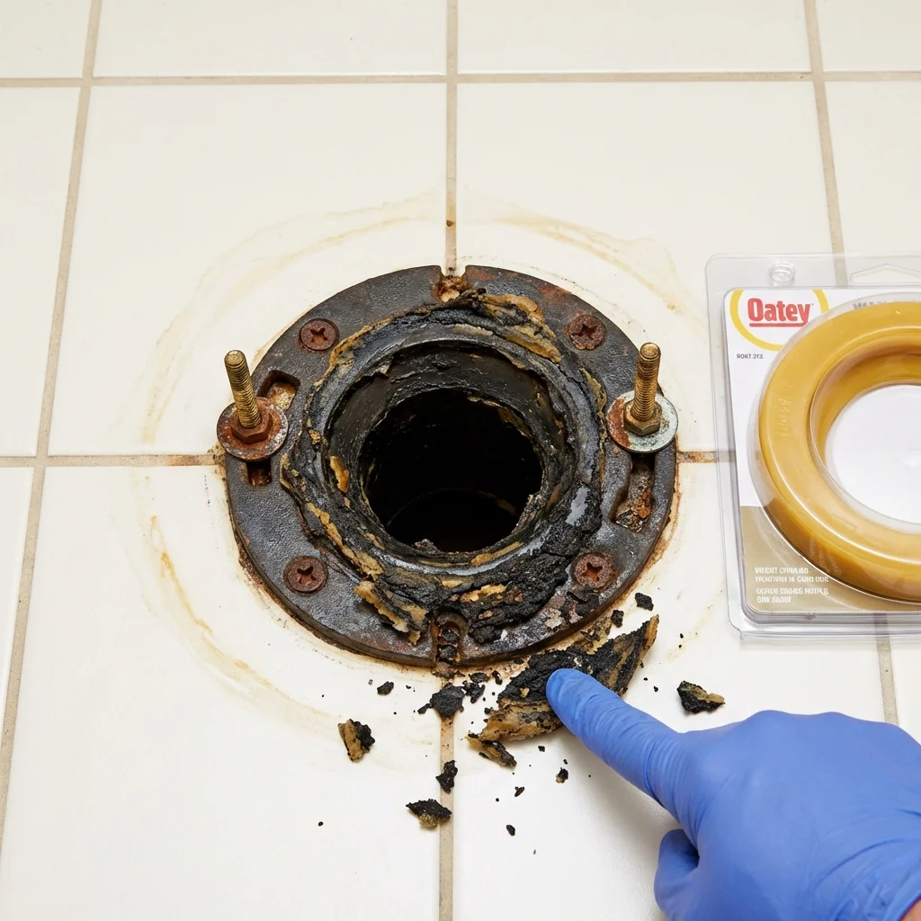 Failed wax ring showing water seepage at the base of a toilet in a Gladstone, MI home